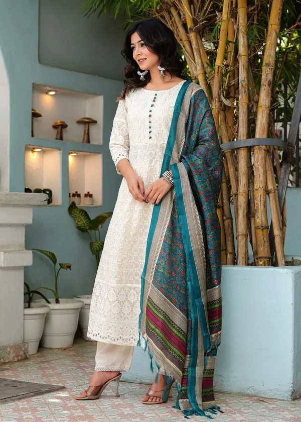 Off_White_Cotton_Printed_Kurta_With_Pant_And_Dupatta_Set_|_For_Women