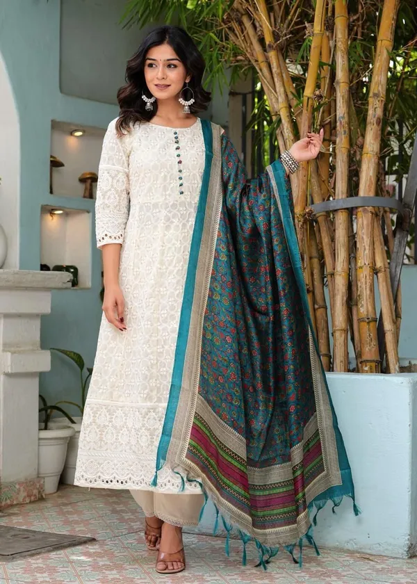 Off_White_Cotton_Printed_Kurta_With_Pant_And_Dupatta_Set_|_For_Women