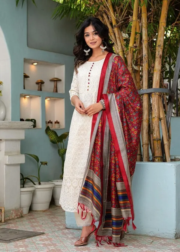 Off_White_Cotton_Printed_Kurta_With_Pant_And_Dupatta_Set_|_For_Women