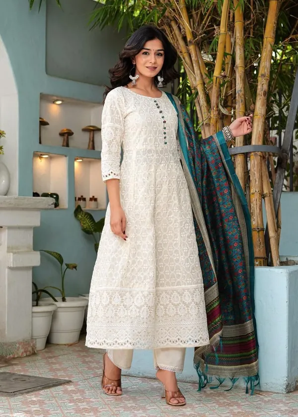 Off_White_Cotton_Printed_Kurta_With_Pant_And_Dupatta_Set_|_For_Women