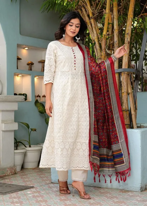 Off_White_Cotton_Printed_Kurta_With_Pant_And_Dupatta_Set_|_For_Women