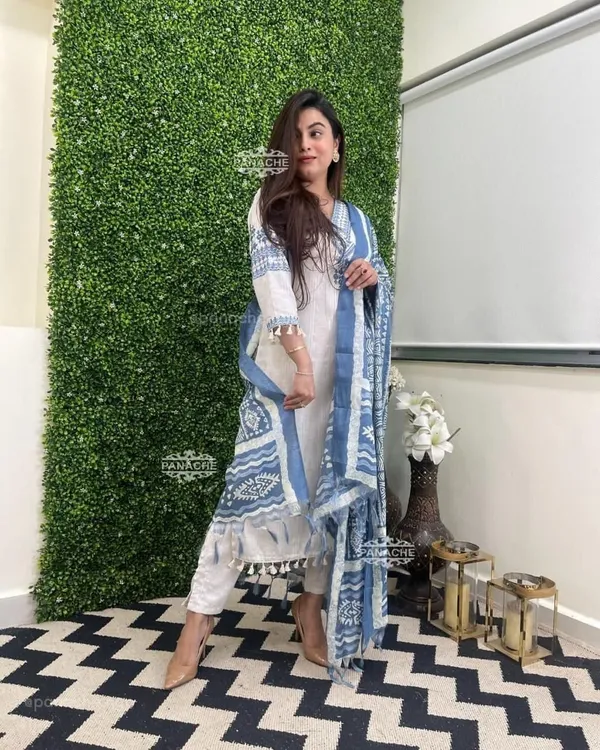 Off_White_Cotton_Printed_Kurta_With_Pant_And_Dupatta_Set_|_For_Women