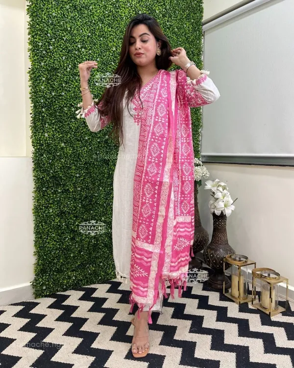 Off_White_Cotton_Printed_Kurta_With_Pant_And_Dupatta_Set_|_For_Women