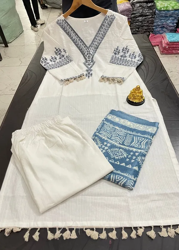 Off_White_Cotton_Printed_Kurta_With_Pant_And_Dupatta_Set_|_For_Women