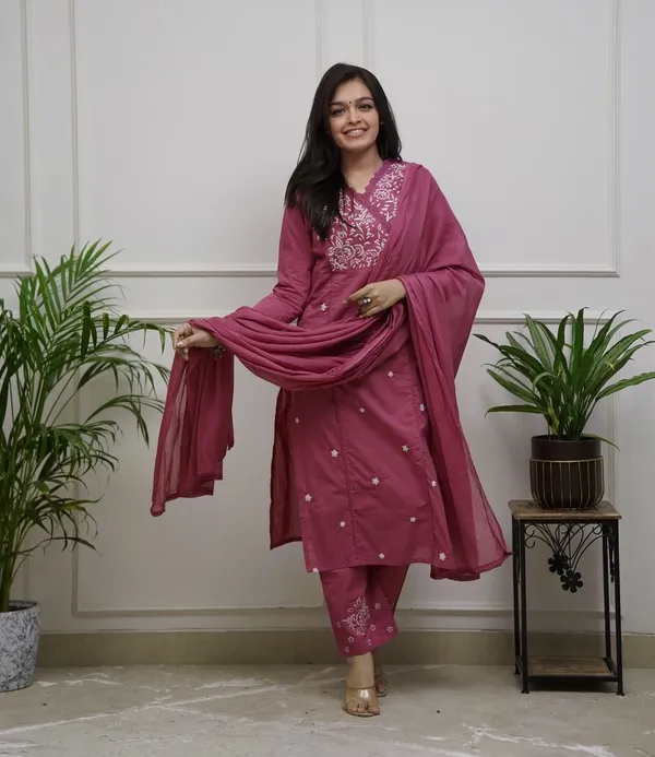 Rani_Pink_Embroidered_Cotton_Kurta_With_Pant_And_Dupatta_Set_|_For_Women