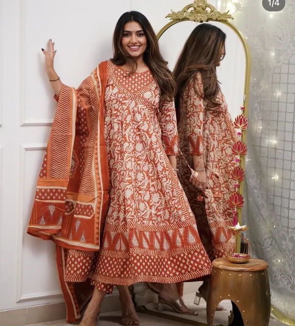 Orange_Cotton_Printed_Kurta_With_Pant_And_Dupatta_Set_|_For_Women