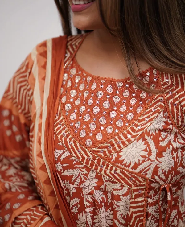 Orange_Cotton_Printed_Kurta_With_Pant_And_Dupatta_Set_|_For_Women