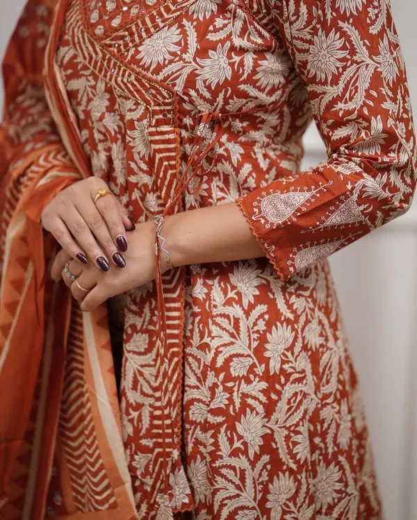 Orange_Cotton_Printed_Kurta_With_Pant_And_Dupatta_Set_|_For_Women
