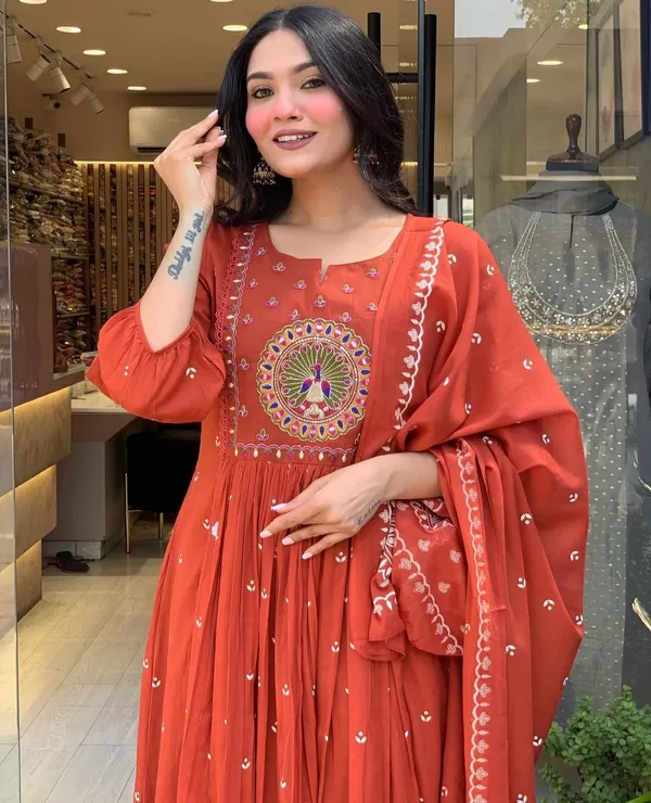 Rust_Orange_Embroidered_Anarkali_Kurta_With_Pant_And_Dupatta_Set_|_For_Women