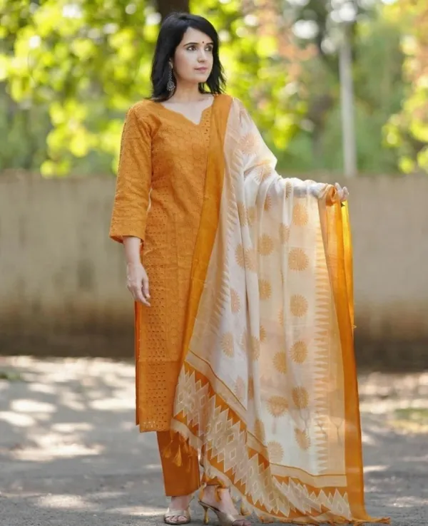 Mustard_Cotton_Printed_Kurta_With_Pant_And_Dupatta_Set_|_For_Women
