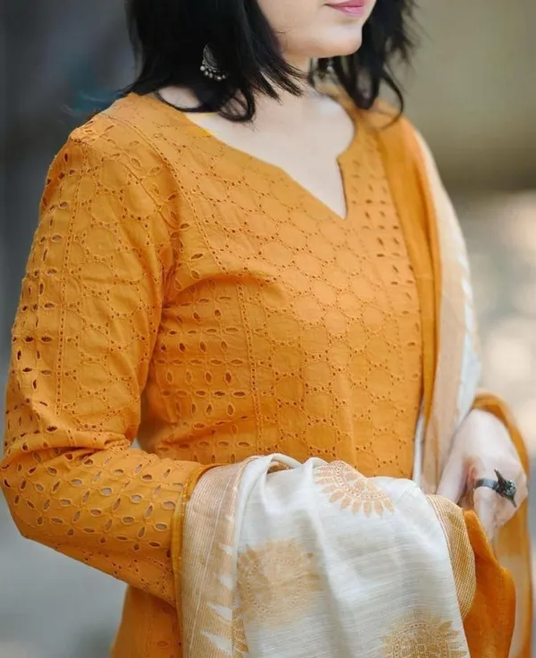 Mustard_Cotton_Printed_Kurta_With_Pant_And_Dupatta_Set_|_For_Women