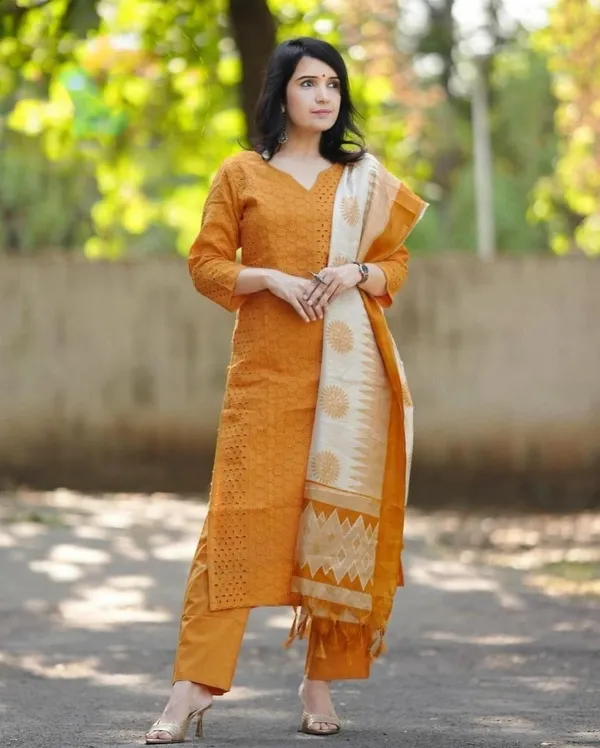 Mustard_Cotton_Printed_Kurta_With_Pant_And_Dupatta_Set_|_For_Women