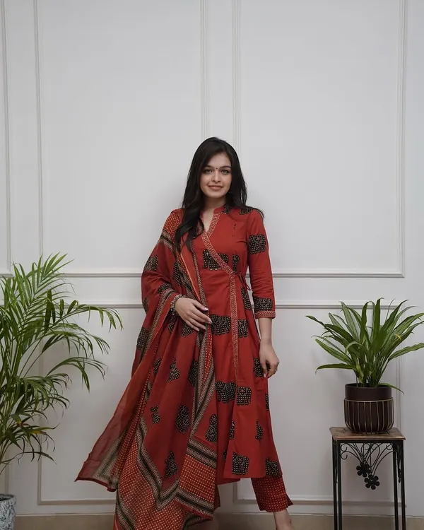 Rust_Cotton_Printed_Kurta_With_Pant_And_Dupatta_Set_|_For_Women
