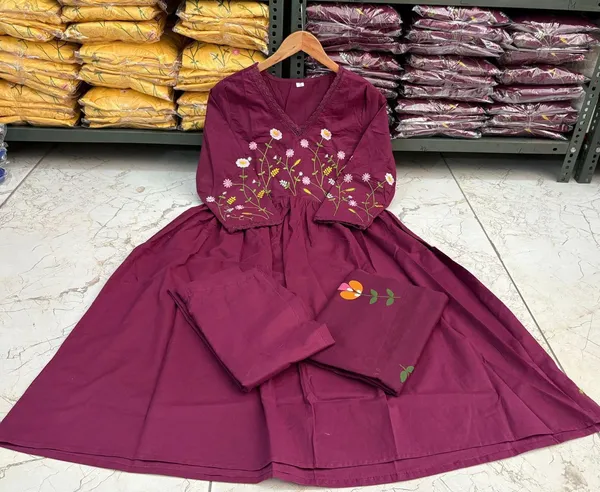 Maroon_Cotton_Embroidered_Kurta_With_Pant_And_Dupatta_Set_|_For_Women