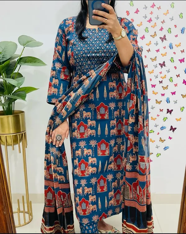 Blue_Rayon_Printed_Kurta_With_Pant_And_Dupatta_Set_|_For_Women