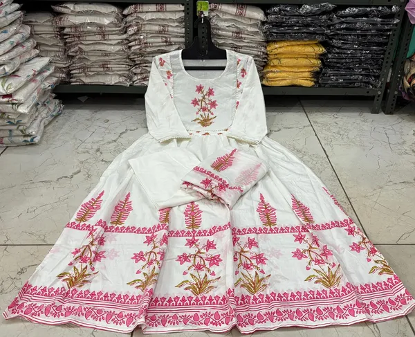 White_&_Pink_Hand_Block_Printed_Anarkali_Kurta_With_Pant_And_Dupatta_Set_|_For_Women