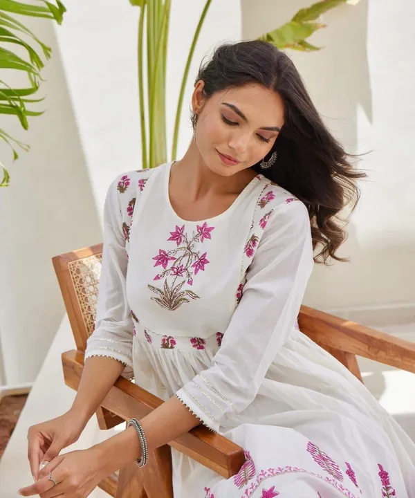 White_&_Pink_Hand_Block_Printed_Anarkali_Kurta_With_Pant_And_Dupatta_Set_|_For_Women