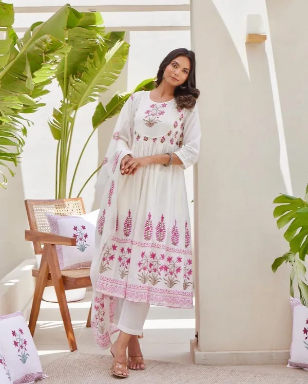 White_&_Pink_Hand_Block_Printed_Anarkali_Kurta_With_Pant_And_Dupatta_Set_|_For_Women