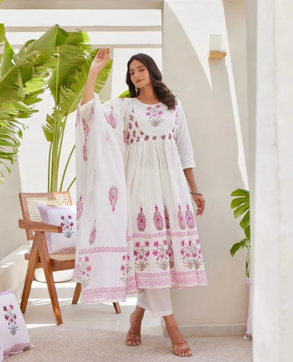 White_&_Pink_Hand_Block_Printed_Anarkali_Kurta_With_Pant_And_Dupatta_Set_|_For_Women