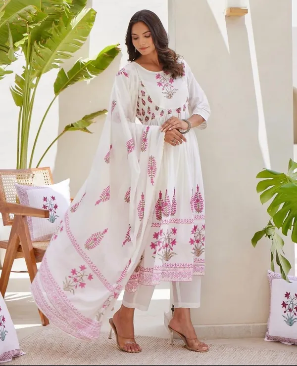 White_&_Pink_Hand_Block_Printed_Anarkali_Kurta_With_Pant_And_Dupatta_Set_|_For_Women