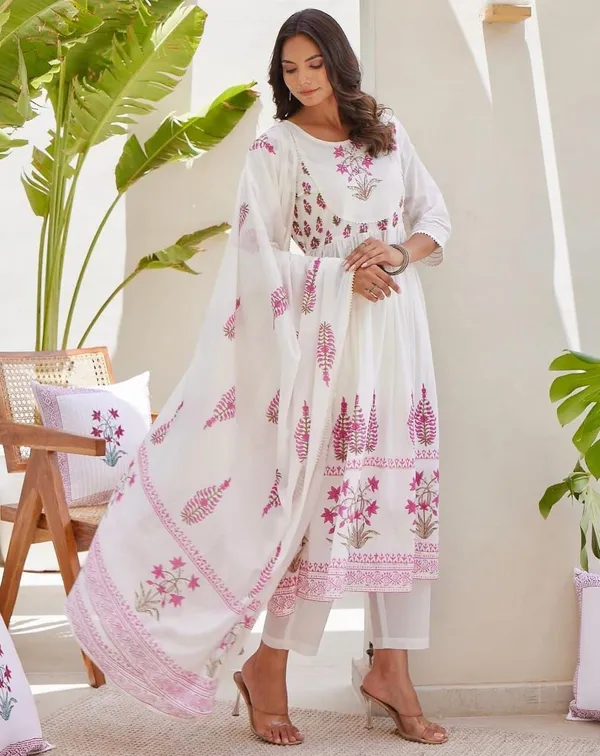 White_&_Pink_Hand_Block_Printed_Anarkali_Kurta_With_Pant_And_Dupatta_Set_|_For_Women