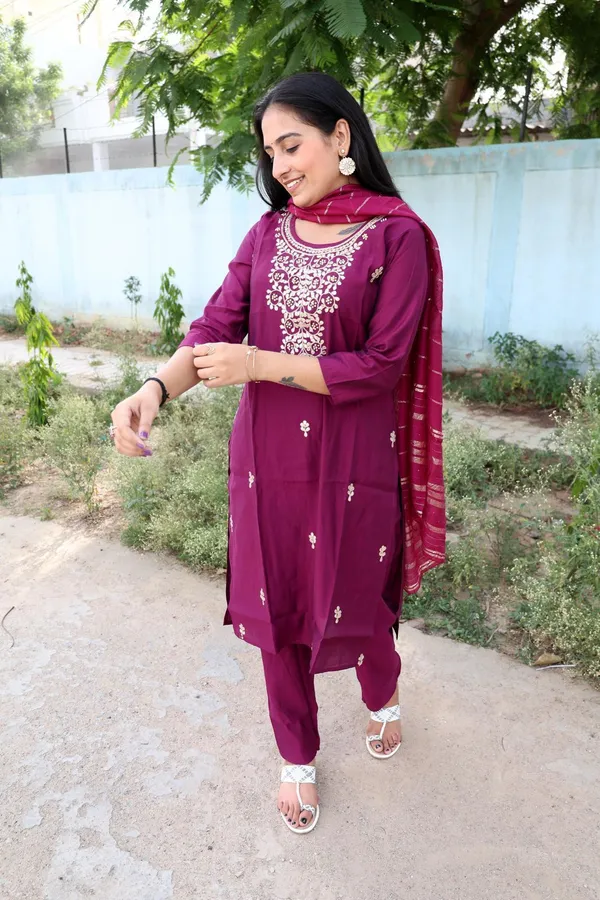 Wine_Embroidered_Kurta_With_Pant_And_Dupatta_Set_|_For_Women