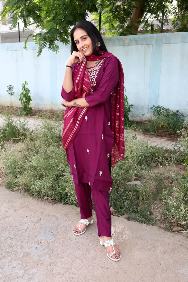 Wine_Embroidered_Kurta_With_Pant_And_Dupatta_Set_|_For_Women