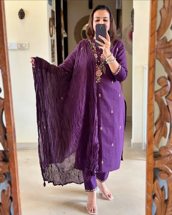 Purple_Cotton_Embroidered_Kurta_With_Pant_And_Dupatta_Set_|_For_Women