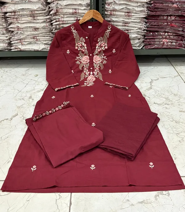 Brown_Cotton_Embroidered_Kurta_With_Pant_And_Dupatta_Set_|_For_Women