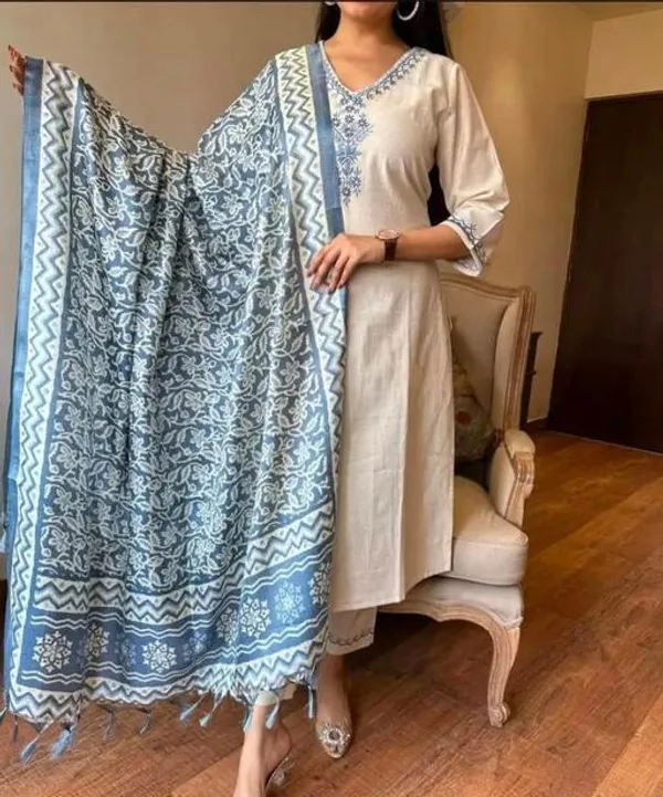 Gray_Cotton_Printed_Kurta_With_Pant_And_Dupatta_Set_|_For_Women