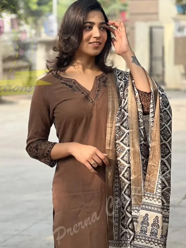 Brown_Cotton_Premium_Kurta_Set_For_Women