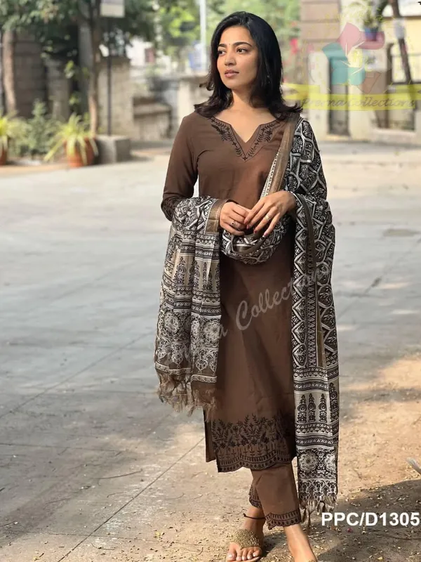 Brown_Cotton_Premium_Kurta_Set_For_Women