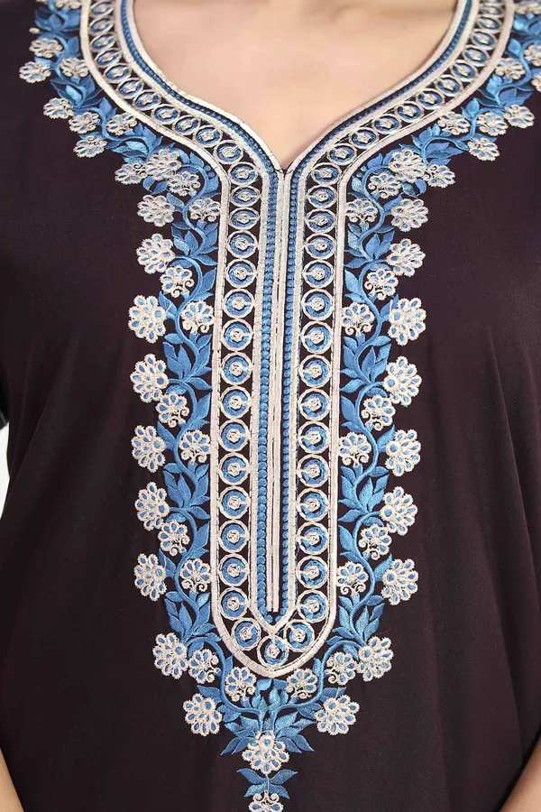 Plum_plain_embroideredCotton_blend_Night_Dress_For_Ladies