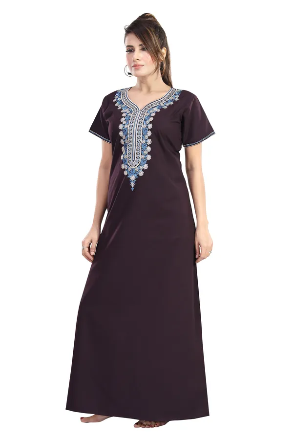 Plum_plain_embroideredCotton_blend_Night_Dress_For_Ladies