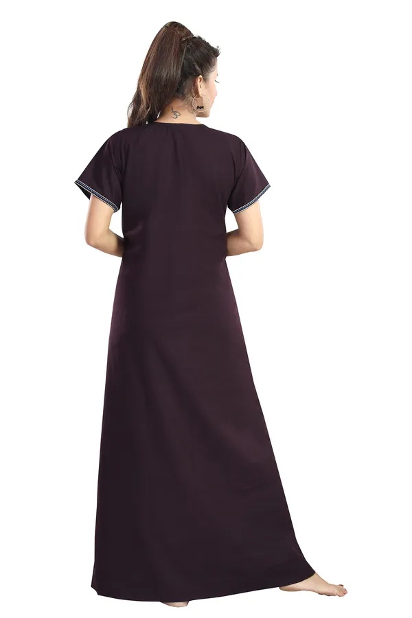Plum_plain_embroideredCotton_blend_Night_Dress_For_Ladies