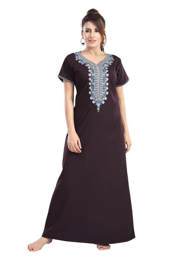 Plum_plain_embroideredCotton_blend_Night_Dress_For_Ladies