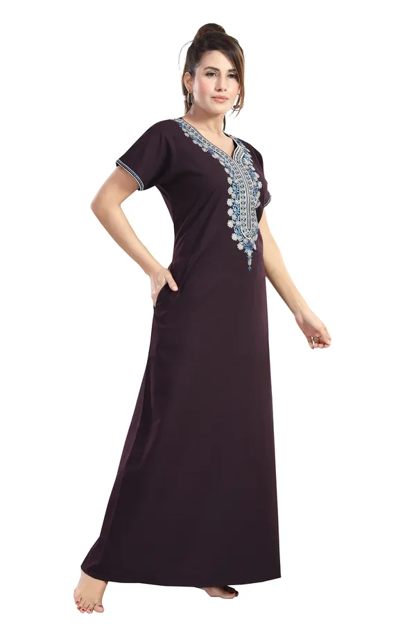 Plum_plain_embroideredCotton_blend_Night_Dress_For_Ladies