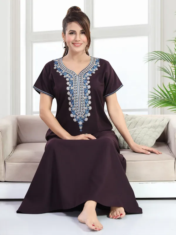 Plum_plain_embroideredCotton_blend_Night_Dress_For_Ladies