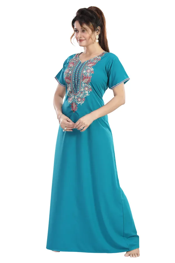 Turquoise_Blue_plain_Cotton_blend_Night_Dress_For_Ladies