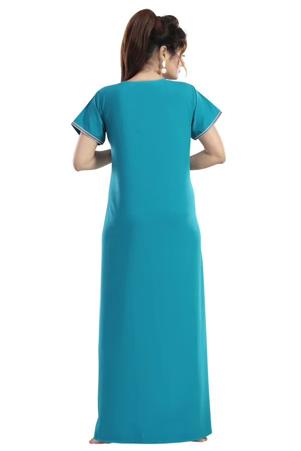 Turquoise_Blue_plain_Cotton_blend_Night_Dress_For_Ladies