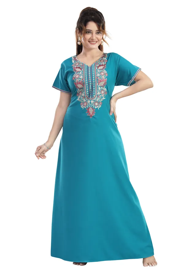 Turquoise_Blue_plain_Cotton_blend_Night_Dress_For_Ladies