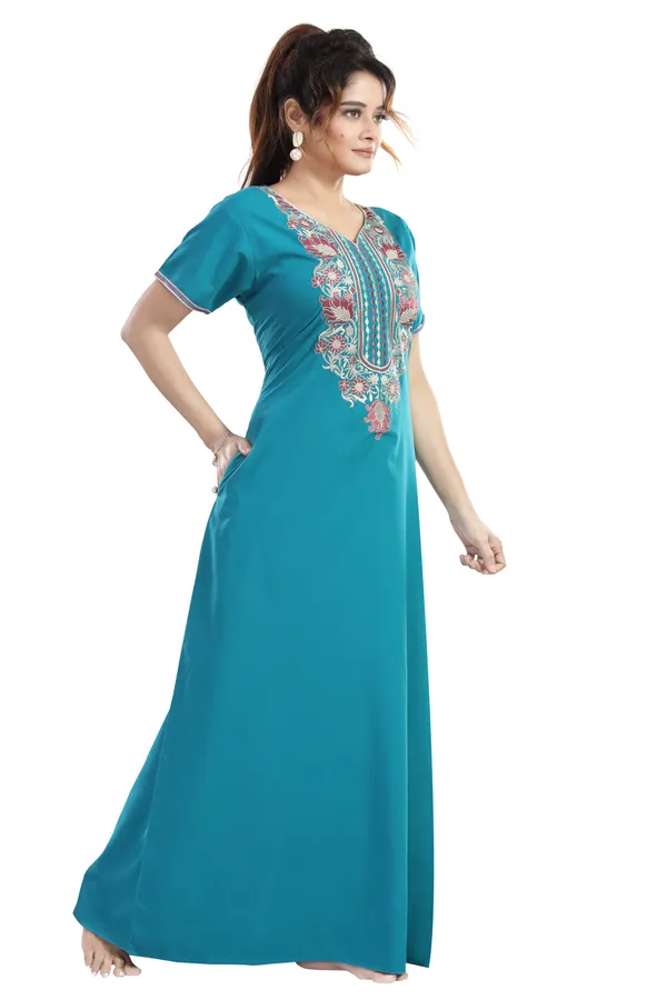 Turquoise_Blue_plain_Cotton_blend_Night_Dress_For_Ladies