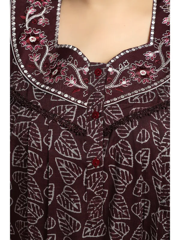 Maroon_leaf_print_Alpine_Night_Dress_For_Ladies