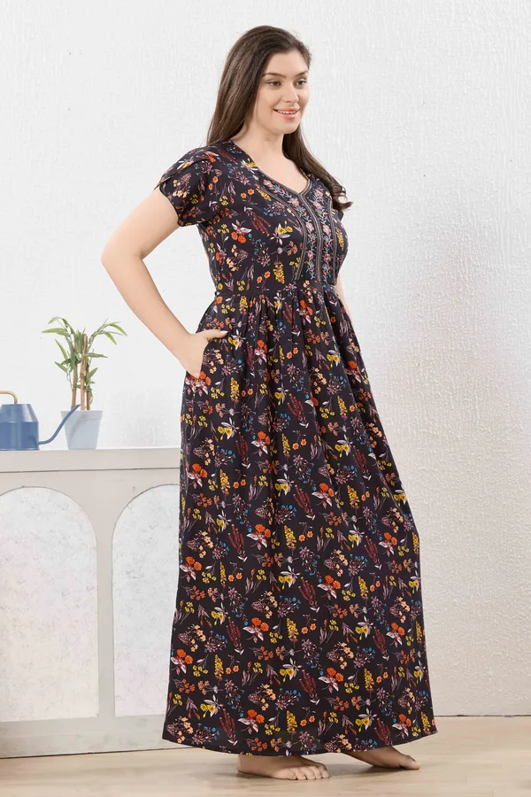 Black_abstract_print_rayon_Night_Dress_with_flair_and_belt_For_Ladies