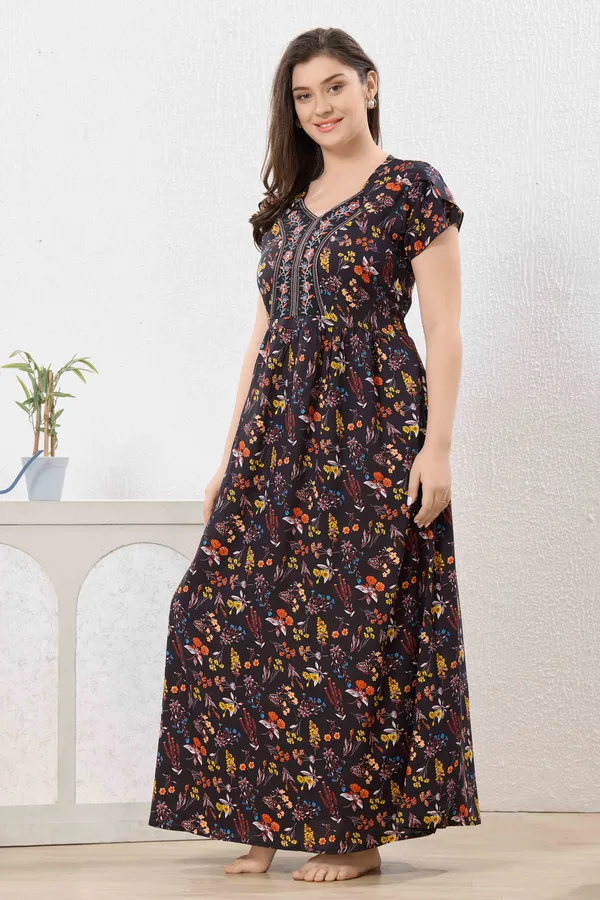 Black_abstract_print_rayon_Night_Dress_with_flair_and_belt_For_Ladies