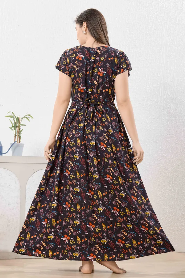 Black_abstract_print_rayon_Night_Dress_with_flair_and_belt_For_Ladies