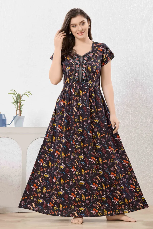 Black_abstract_print_rayon_Night_Dress_with_flair_and_belt_For_Ladies