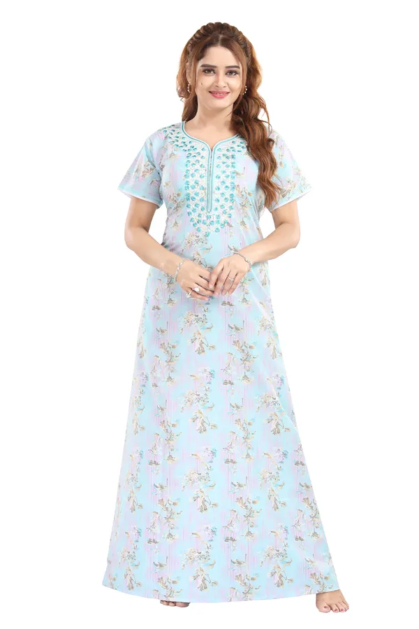 Blue_Floral_Cotton_blend_Night_Dress_For_Ladies