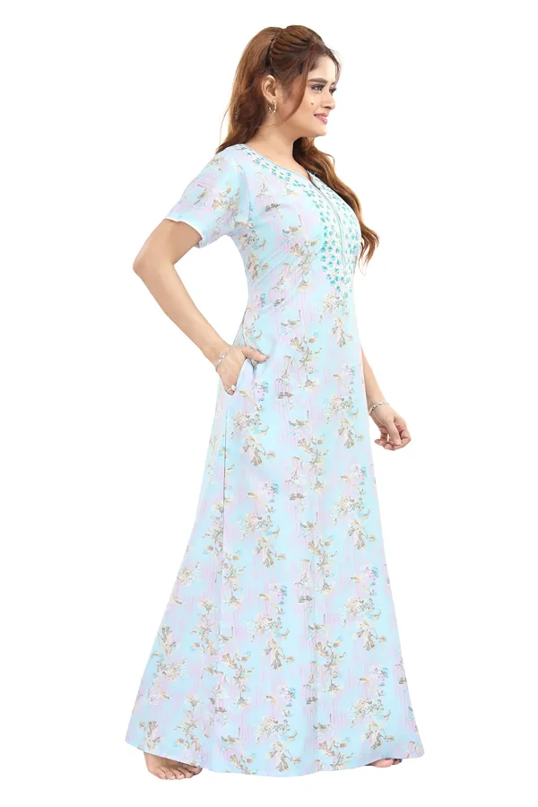 Blue_Floral_Cotton_blend_Night_Dress_For_Ladies