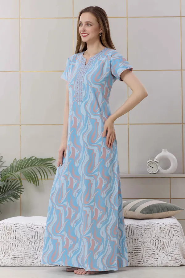 Blue_floral__print_hosiery_Night_Dress_with_embroidery_neck_For_Ladies